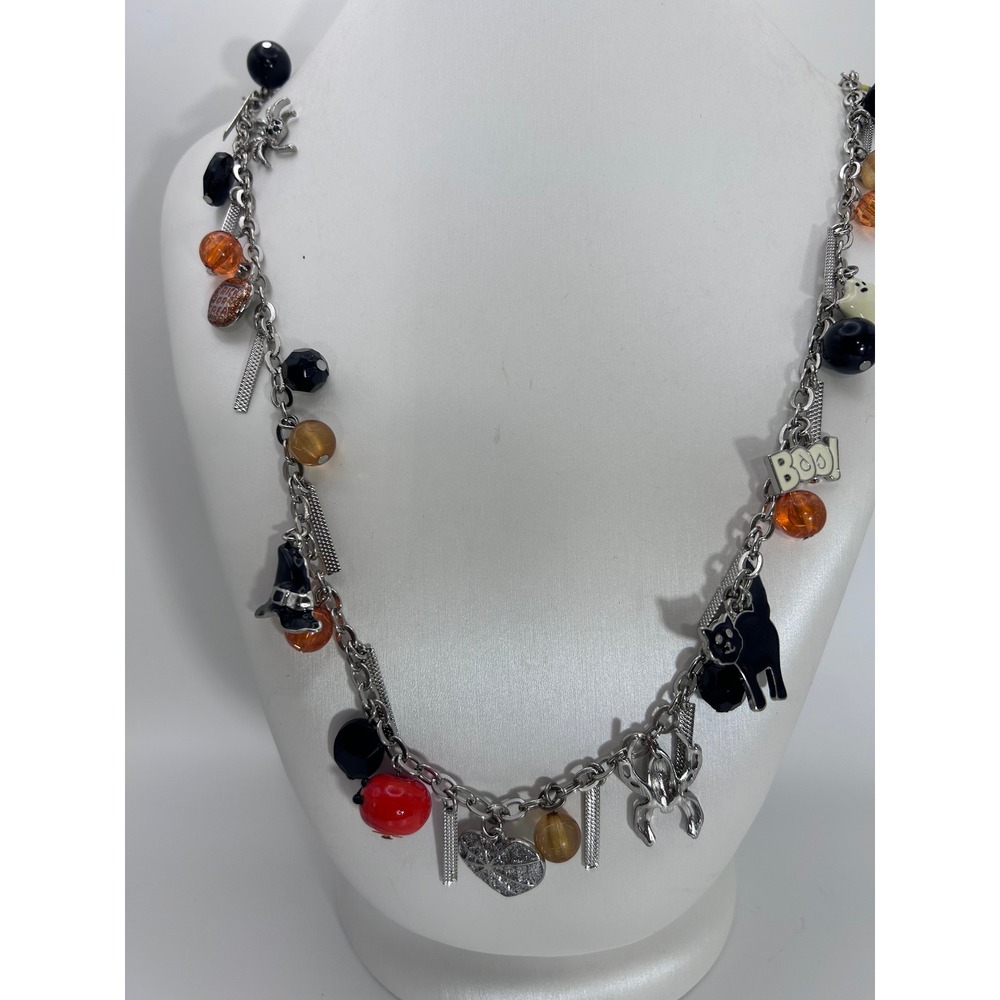 Halloween Charm Necklace Silver Tone Black Cat Witch Hat Ghost Spider Boo Charms